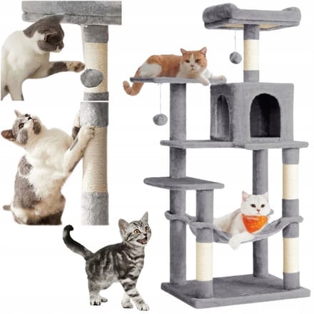 Grote Kattenkrabpaal XL 143cm met 6 Niveaus, Hammat en Huisje