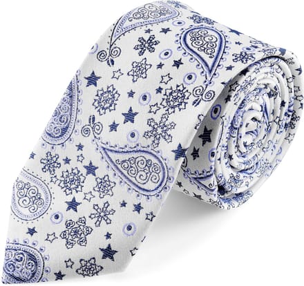 Zijden stropdas met wit en blauw paisleymotief | 6 cm