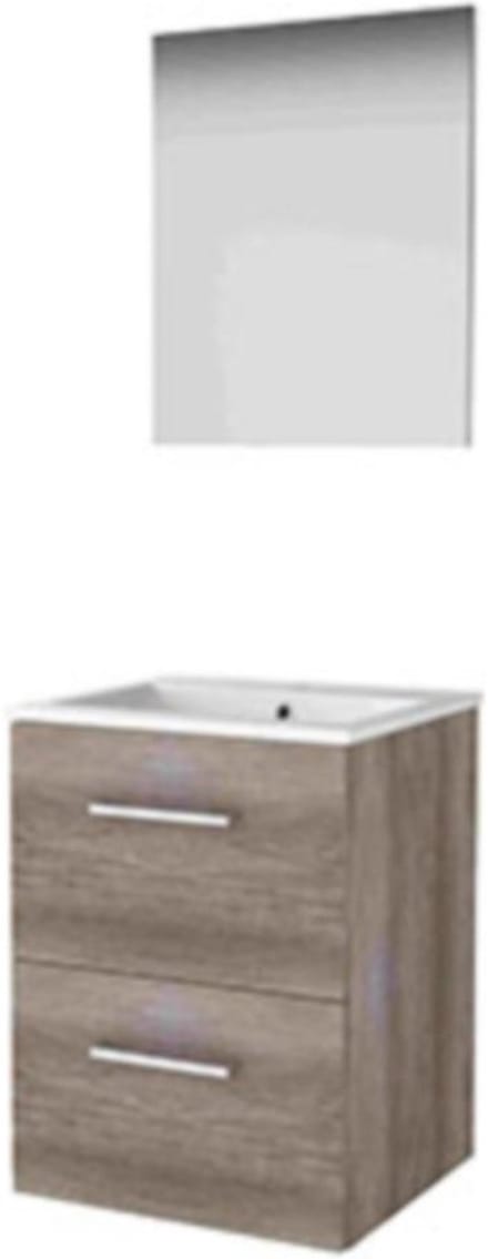 Basic-Line Basic 46 Badkamermeubelset - 50 x 46 cm - Met Grepen - 2 Lades - Keramische Wastafel - 1 Kraangat - Spiegel - Scotch Oak