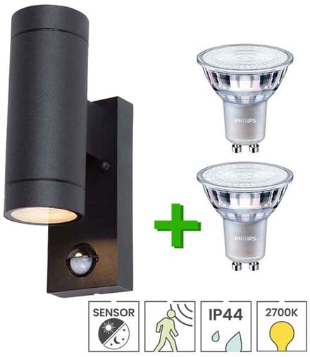 Buitenlamp met bewegingssensor - Wandlamp up & down - 2 x LED GU10 Philips - Warmwit licht