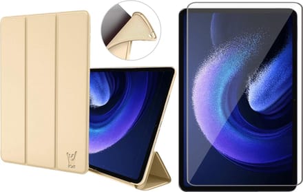 Hoesje geschikt voor Xiaomi Pad 6 - Screen Protector GlassGuard - SmartDefend Book Case Cover Kunstleer Goud & Screenprotector