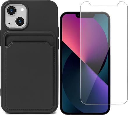 Hoesje Pasjeshouder geschikt voor iPhone 13 Mini Zwart - Siliconen Case Back Cover + Screenprotector Glas