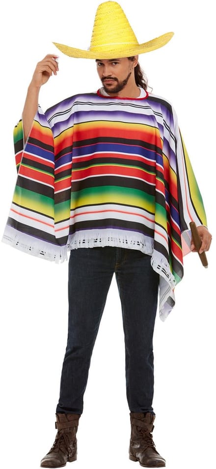 Carnaval verkleed set Mexicaan - gekleurde one size poncho - Sombrero hoed geel met dia 59 cm