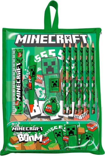 Minecraft Schrijfwarenset Groen - Potloden, Etui (blik) - Schoolset - Schoolspullen