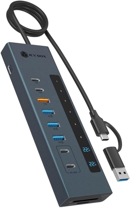ICY BOX IB-HUB1742CR-C2PD 61159 USB-hub 7 + 2 poorten USB-C 3.2 Gen 2, USB-C (met Power Delivery), USB-A 3.2 Gen 2, USB-A 3.2 Gen 1, SDHC, SDXC, SD,