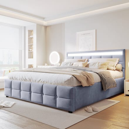 MODFU Bedframe 180x200 cm – Gestoffeerd grijs fluweel – Met LED-verlichting & hydraulische opbergruimte – Incl. lattenbodem