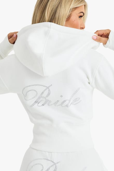 boohoo Dames Bruids 'Bride' Diamante Slogan Cropped Hoodie | Wit | Maat: Small
