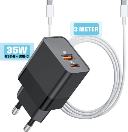 Usb C & usb A Oplader 35w + Rubberen usb C naar usb C Kabel 3 Meter - Snellader - Usb-C Adapter - GaN Charger