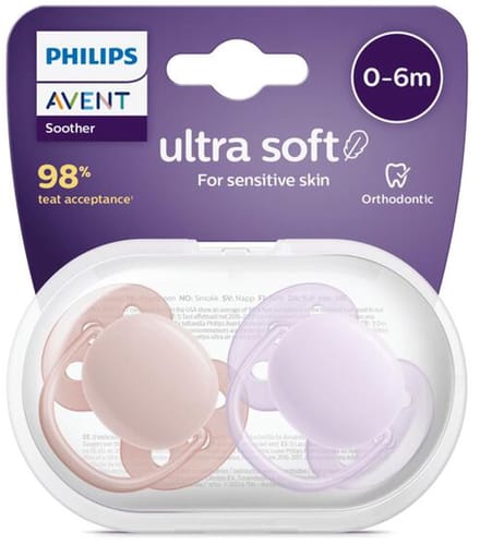 Philips Avent Soother Soft - 0-6 Maanden - Set van 2 - Zalm en Lila