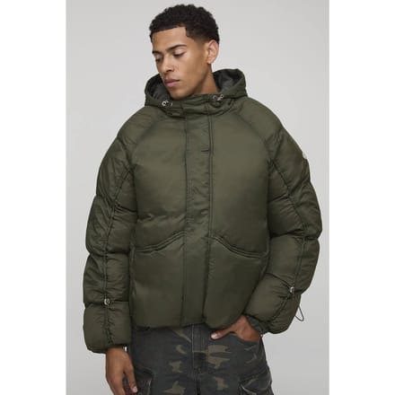 Pufferjack met oversized pasvorm, geraffelde mouwen en panelen | Khaki | Size Medium