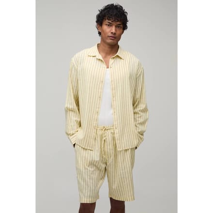 Gestreept Popeline Gebogen Zoom Geborduurd Oversized Shirt Met Lange Mouwen & Wijde Short Set | Yellow | Size Medium