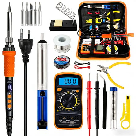 90W Digitale Soldeerbout Set met Multimeter en Desoldeerpomp – Instelbare Temperatuur 180-480°C – LED Display – 5 Vervangbare Soldeerpunten