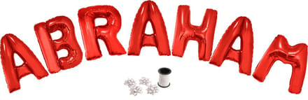 Folie ballonset rood met letters ABRAHAM 102 cm + geschenklint 10m met 4 witte strikken