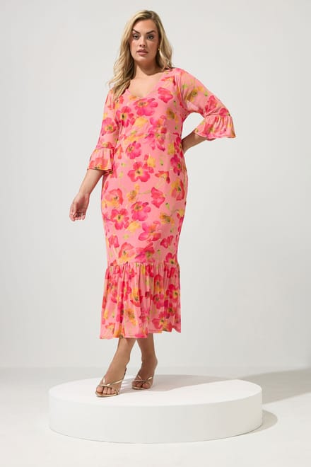 Yours London Roze Bloemen Mesh Gelaagde Jurk Size 48