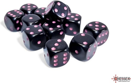 Chessex 12 x D6 Set Opaque 16mm - Black/Pink