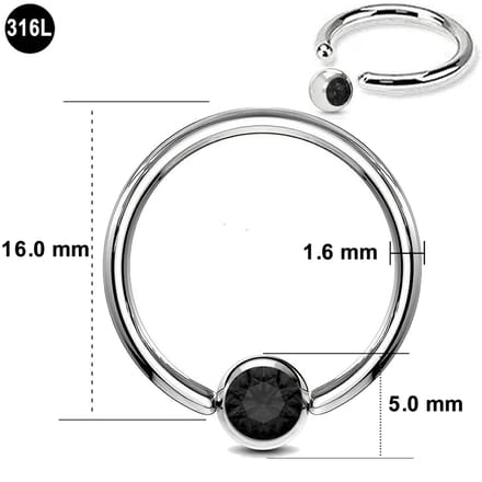 Ball Closure Piercing Ring – 1.6 mm Dikte – 16.0 mm Diameter – Chirurgisch Staal - Zwarte steen
