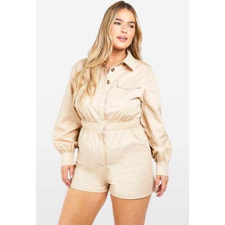 boohoo Dames Plus Utility Playsuit met Lange Mouwen | Steen | Maat: 56