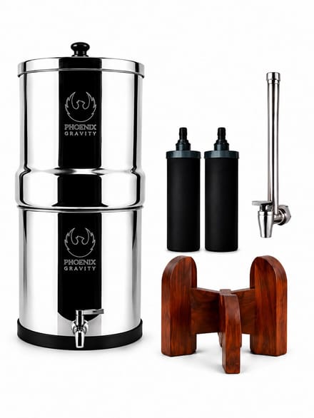 Phoenix Gravity Waterfilter 8L + Teak houten standaard + RVS Vision Tap