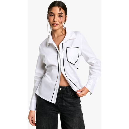 boohoo Dames Contrast Paspel Strikshirt | Wit | Maat: 36