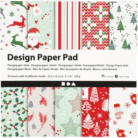 Design papierblok, vel 15,2x15,2 cm, 120 gr, groen, rood, wit, 50 vel