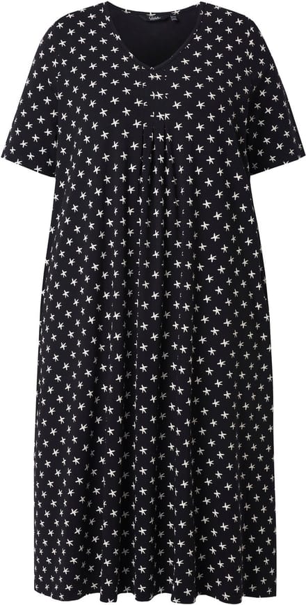 Ulla Popken - Dames - Midi-jurk sterren V-hals korte mouwen zakken - Zwart - Maat 50+