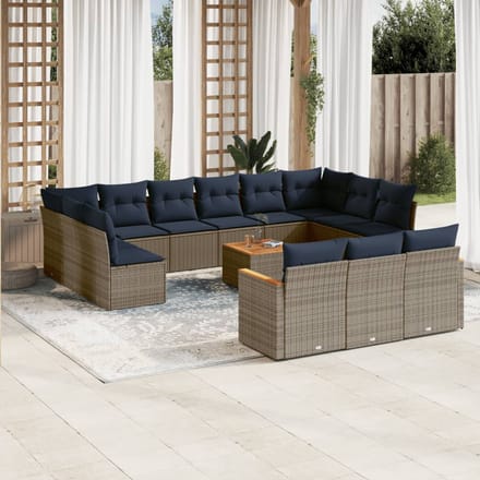 vidaXL - 14-delige - tuinbankset - met - kussens, - grijs - polyrotan