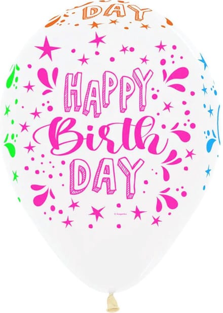 25 x Ballon "Happy Birthday" Neon Splash Clear = TRANSPARANT / 30cm / SEMPERTEX PRO