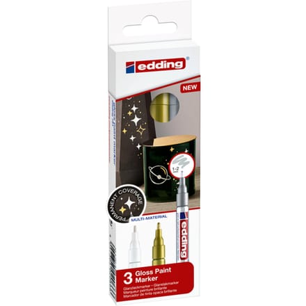 edding 751 glanslakmarker set - wit, goud, zilver (metallic) - 3 verfstiften - ronde punt 1-2 mm - verfpen voor glas, stenen, hout, plastic, papier - waterproof, hoge dekking