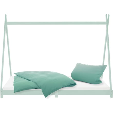 ML-Design tipi serie kinderbed 90x200 cm mint met koudschuimmatras lattenbodem en valbeveiliging massief grenenhout huisbed met hek junior bed in tentvorm speelbed voor meisjes en jongens houten kinderhuis vloerbed met stevig bedframe