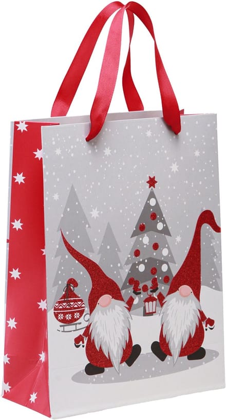 Cadeautas met handvatten, kaboutermotief, rood, grijs, wit, 24×18×8 cm