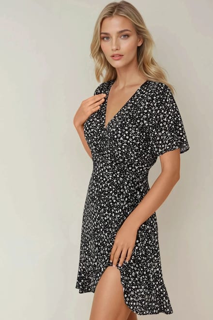Ditsy Bloemenpatroon V-Hals Viscose Minijurk