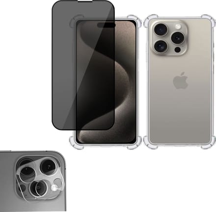 Hoesje geschikt voor iPhone 15 Plus + Privé Screenprotector + Beschermglas Camera Lens - Privacy Proteqt+