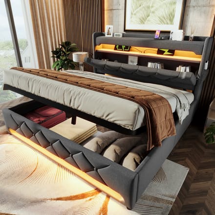 MODFU Bedframe 140x200 cm – grijs linnen – 360° LED, USB/Type-C, opbergruimte en matras
