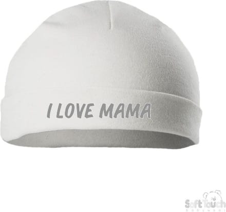 Soft Touch Mutsje Rolmutsje Bedrukt "I Love Mama" Wit/grijs Maat New Born Maat 56