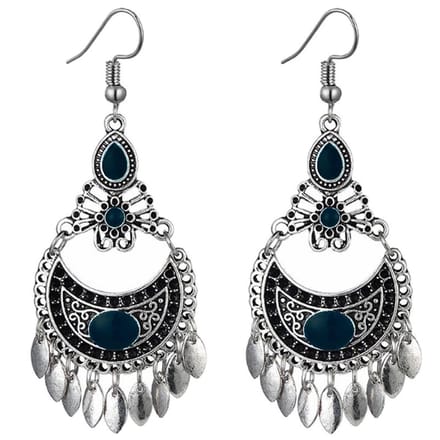 Fako Bijoux® - Oorbellen - Bohemian - Boho Leafs - Donkerblauw - Zilverkleurig