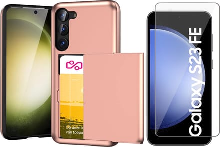 Hoesje met Pasjeshouder geschikt voor Samsung Galaxy S23 FE - Screen Protector GlassGuard - Back Cover SlideCase Roségoud & Screenprotector