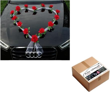 Autodecoratie Bruiloft Set: Hart met Rozen en Organza Slingers - Rood/Wit