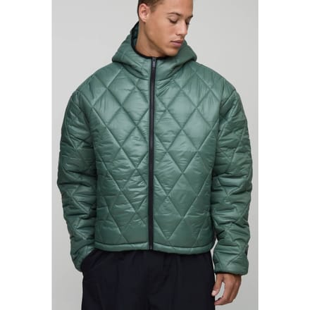 Hoge oversized boxy hoogglanzende gewatteerde capuchon funnel puffer jas | Khaki | Size Medium