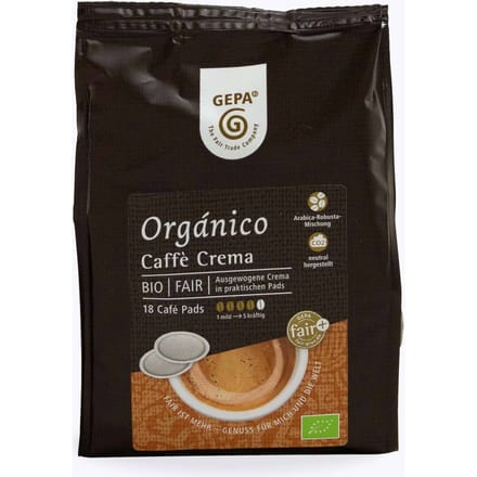 GEPA Organic Crema Pads 18 stuks | Bolivia, Peru, Nicaragua, Tanzania | 85 % Arabica en 15 % Robusta mix voor Senseo machines | Biologisch