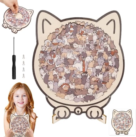 Houten Puzzel - Dierenpuzzel Kat - Ontspanning Thuis - Unieke Kat Vorm - 20x24cm - Morandi Kleuren
