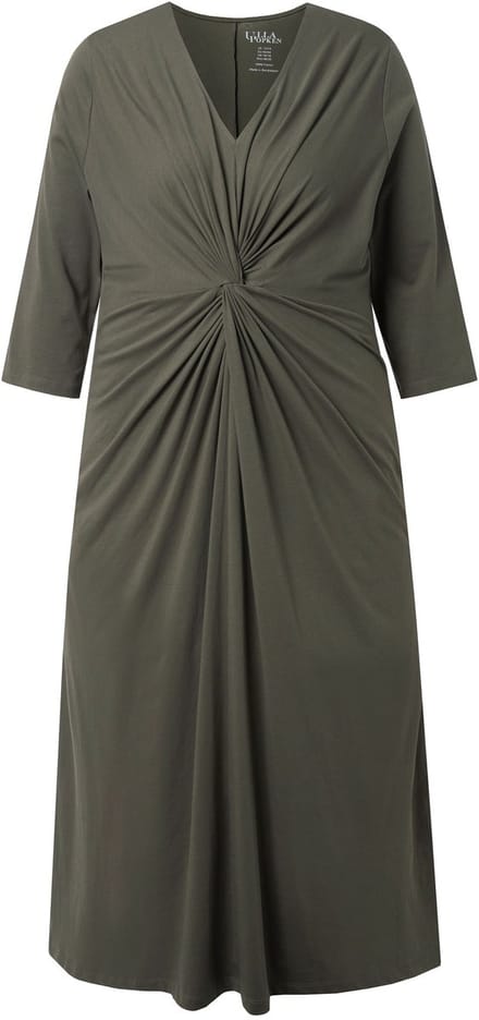 Ulla Popken - Dames - Maxi-jurk gedrapeerd A-lijn V-hals 3/4-mouwen - Olijfgrijs - Maat 58+