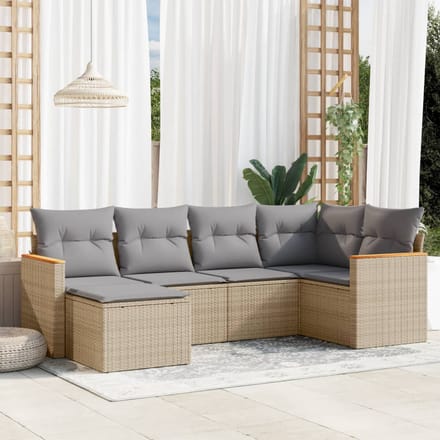 vidaXL - 6-delige - Loungeset - met - kussens - poly - rattan - gemengd - beige