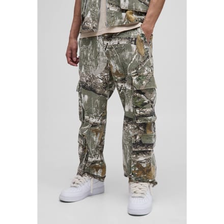 Relaxed Forest Camo Multi Pocket Cargo Trousers | Sage | Size 44