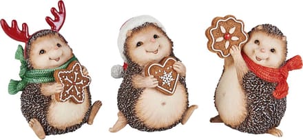 Set van 3 egeltjes / egel / dier met koekje - Wit / bruin / beige / rood - 8 x 7 x 10 cm hoog per egel.