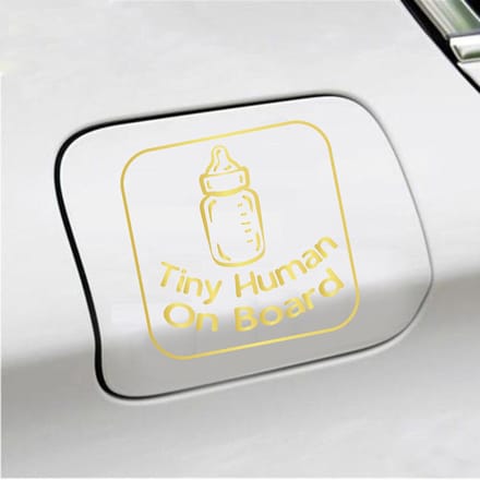 Bumpersticker - Tiny Human On Board - 14 X 14 - Goud