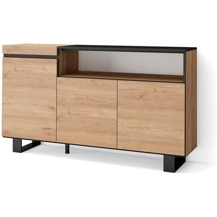 Skraut Home Dressoir, Opbergkast, 150x35x87cm, 3 Deuren, Industrieel design, Eiken/Zwart