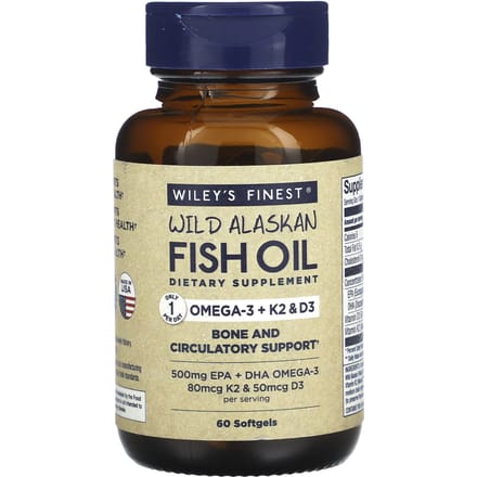 Wiley's Finest, Wilde Alaskaanse Visolie, Omega3 + K2 & D3, 60 Vis Softgels