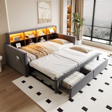 MODFU - Uitschuifbaar bedframe – 90x190 cm naar 180 cm breed – Met 2 lades & LED – Grijs fluweel