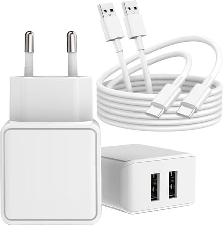 Usb Oplader 2 Poorten met 2x usb naar usb C Kabel 2 Meter - 12w - Lader voor Clara BW Libra Colour Paperwhite 5 Scribe & Galaxy Tab A7 Tab A8 Tab A9