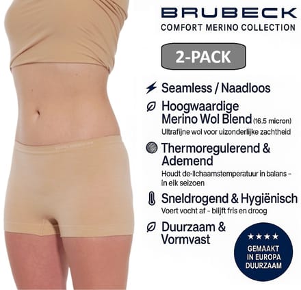 Brubeck Dames Boxershort – Merino Wol Blend Naadloos Ondergoed – 2 PACK - Beige – Maat M
